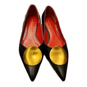 Tory Burch Patos Point Toe Black Flat Patent Leather Gold Medal, Womens Size 7 M